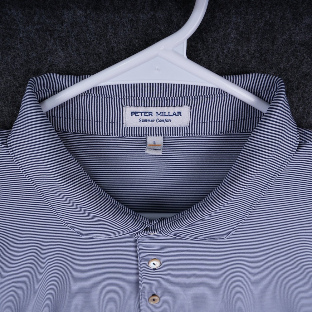 Peter Millar Summer Comfort Polo Men Large Purple White Striped Excellent Logo